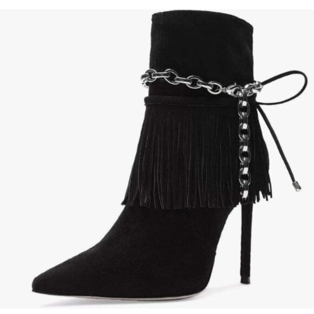 FSJ Black Tassels Metal Chains Pointed Toe High Heels Fringe Ankle Boots